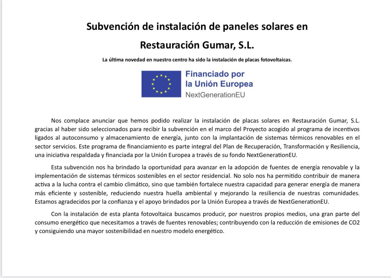 Subvención de instalación de paneles solares en Restauración Gumar, S.L.